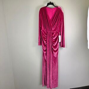 Wear Your Love Pink Velvet Ruched Maxi Dress Long Sleeve V-Neck Formal Gown 14